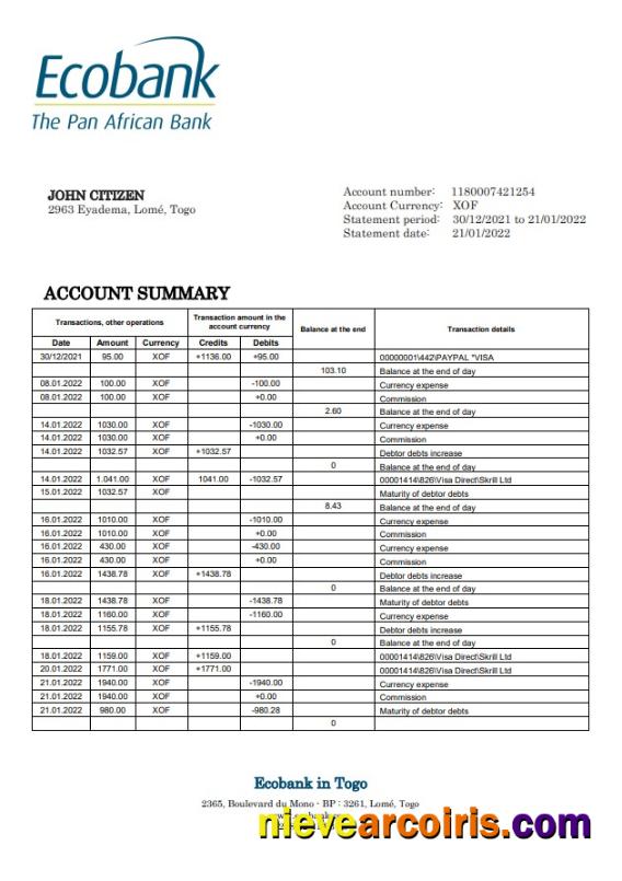 Togo Ecobank bank statement